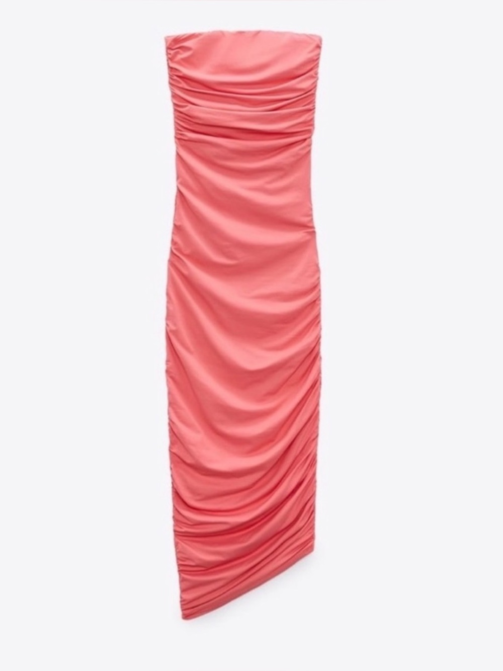 ZARA Draped Tube Midi Dress Pink Ruched Strapless Bodycon Size S coral